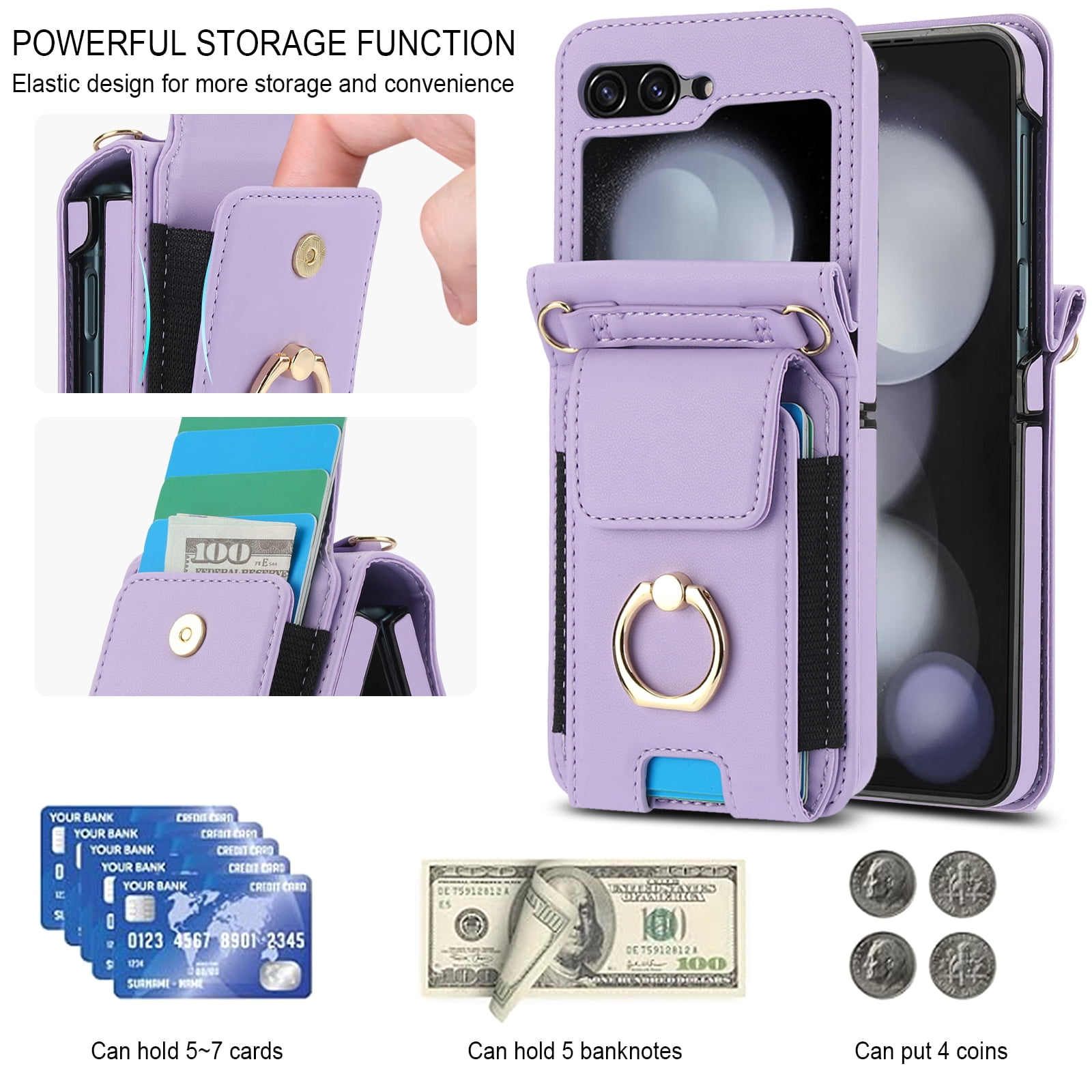 for Motorola Razr 60/Razr 2025 Case, Retro PU Leather Shockproof Protection Phone Case Wallet Built in Credit Card Slots Flip Cover Finger Ring Stand with Long Strap + Short Strap, Purple