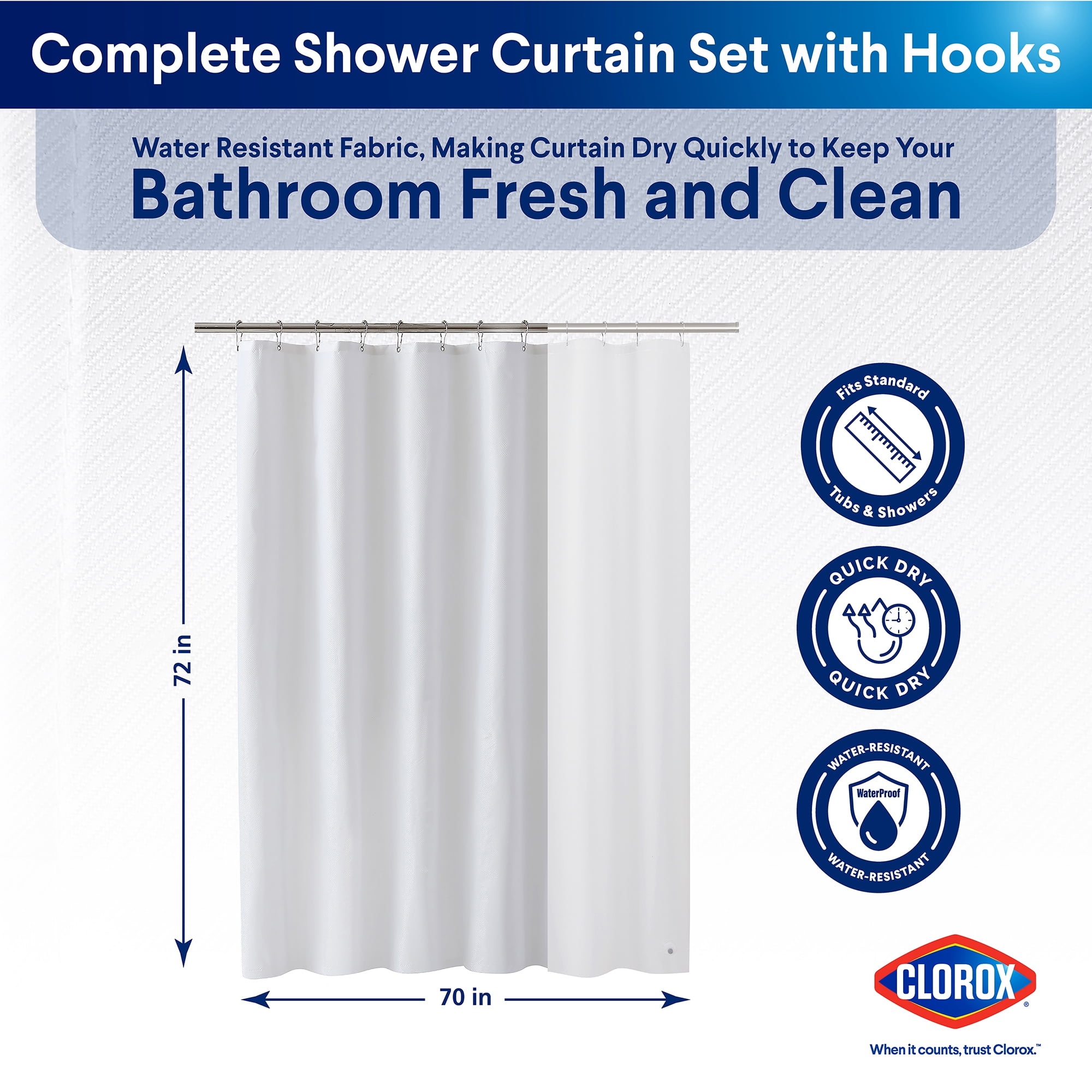 Clorox 100% Polyester Shower Curtain Set with Waterproof PEVA Liner and 12 Metal Hooks (White)