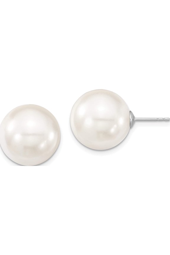 Sterling Silver Majestik Rh-Pl 14-15mm Wht Imitat Shell Pearl Stud Earrings Made In Canada qmje14w