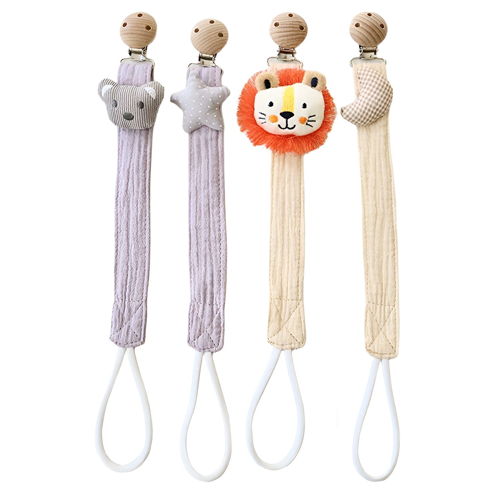 XIRQI 4Pcs Pacifier Clip,Premium Cotton Fabric Soft and Skin-Friendly Pacifier Holder,Beech Wood Clip for Firm Attachment Binky Clips