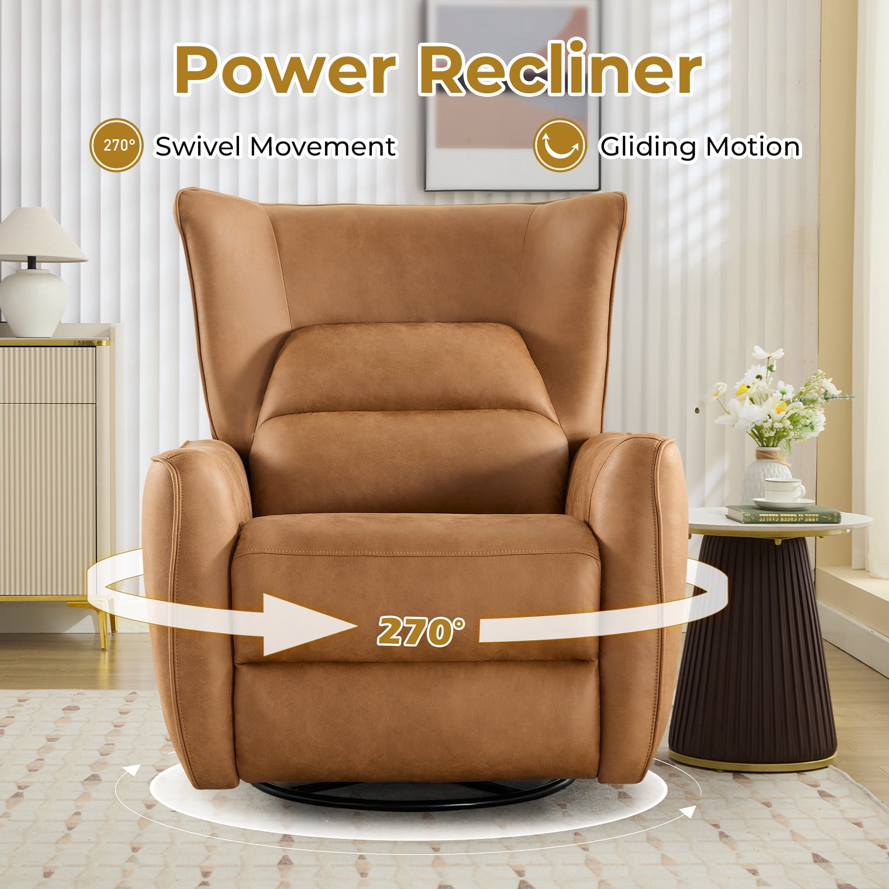 Bonzy Home Swivel Rocker Recliner Set of 2, Power Electric Recliners with Highly Enveloping Backrest Rocking Recliner Chair Leathaire Reclining Sofa for Living Room, Camel