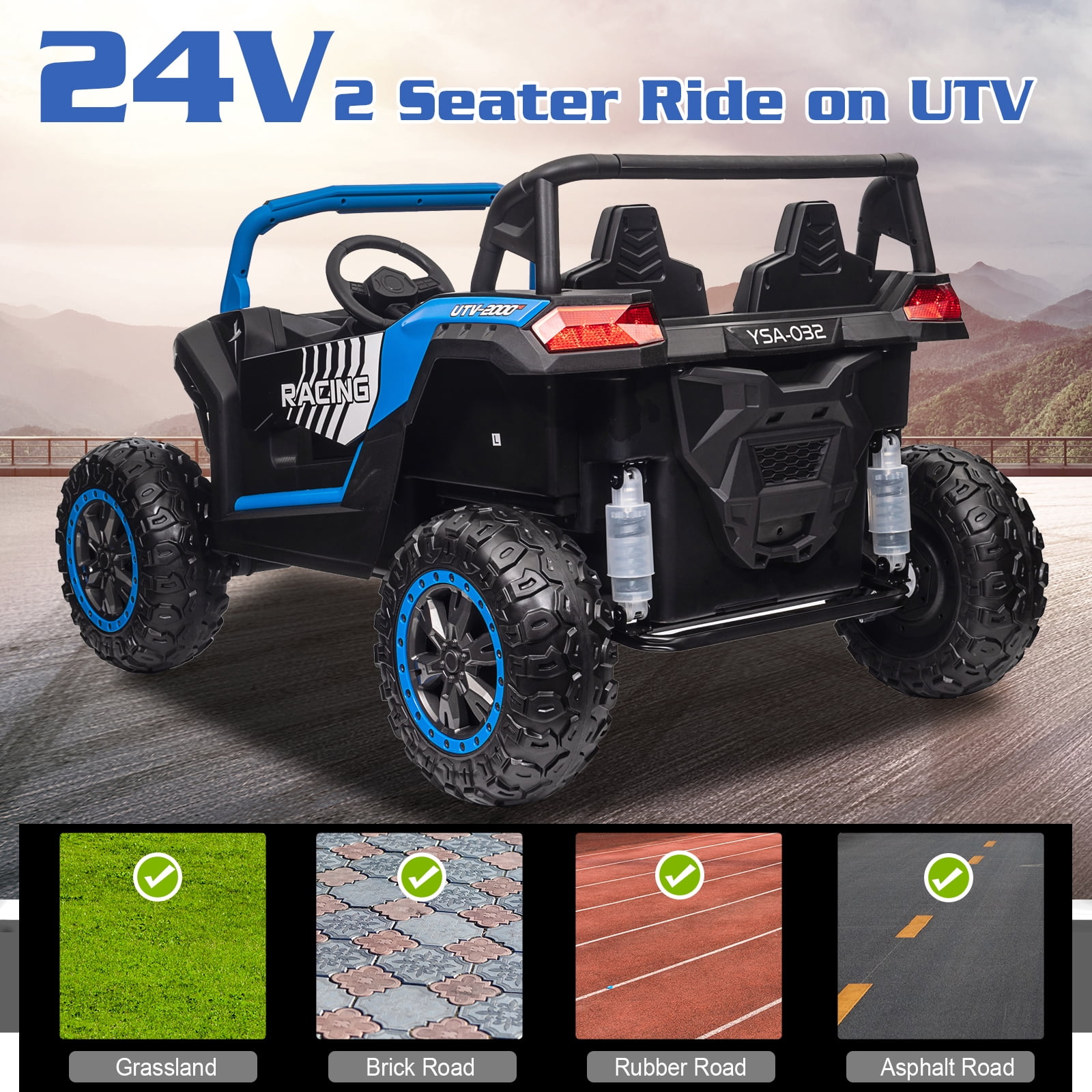 LUIBAS 24V 4WD 2-Seater Battery Powered Ride On Car XXXL Ride On Toys for Big Kids Electric UTV Off-Road Truck Vehicles with Remote Control, EVA Rubber Tires, Bluetooth for Kids 3-12 Year, Blue