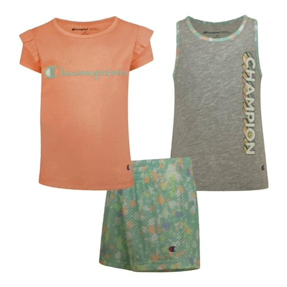 Champion Girl's 3 Piece Polyester Tee, Cotton Tank & Short Set (Macaron Coral/Oxford Heather/Aruba Blue, 3T)