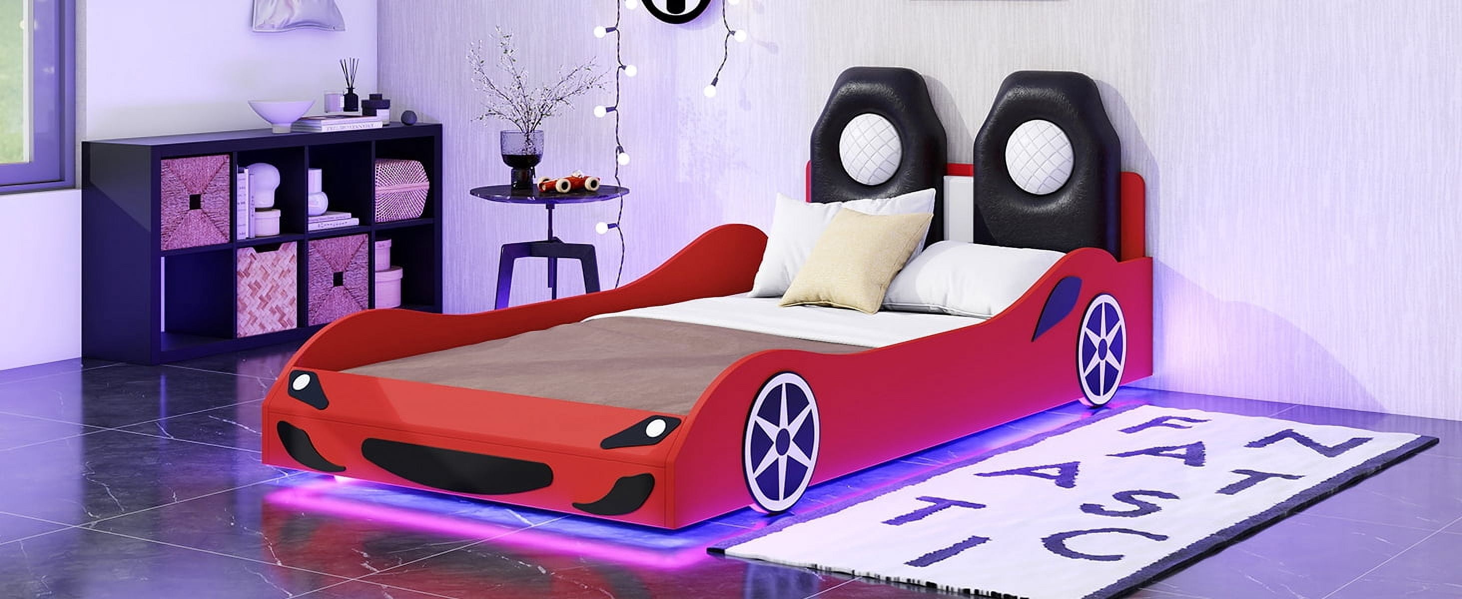 Wood Twin Size Race Car-Shaped Platform Bed with LED and Upholstered Backrest, Red