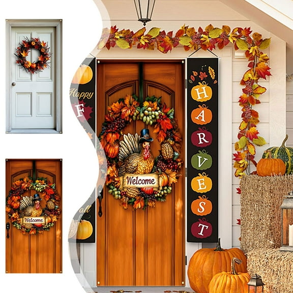 Thanksgiving Door Decorations, Thanksgiving Door Cover 35x71 Inch, Fall Door Hanger for Thanksgiving with Pumpkin Patterns, Polyester Fabric Holiday Door Decor for Front Entryway Indoor Wall Table