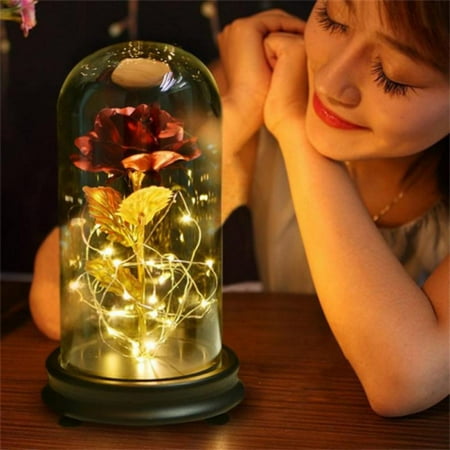 

Rose Kit Red Silk Rose and Led Light with Fallen Petals in Glass Dome on Wooden Base Valentine s Day Anniversary Birthday