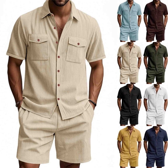 mihongmao Summer Lounge Sets for Men Y2k Outfits Men Casual Round Neck Solid Color Pullover Fitness Sports Sleeveless T Shirt Blouse Top Short Set Brown 2X