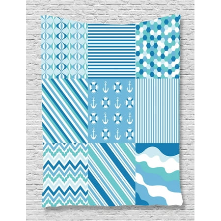 Teal Blue Bedroom Decor Nautical Tapestry, Zig Zag Chevron Wavy Anchor Life Belt Geometric Baby Shower Illustration, Wall Hanging for Bedroom Living Room Dorm Decor, Teal Turquoise Blue, by Ambesonne ()