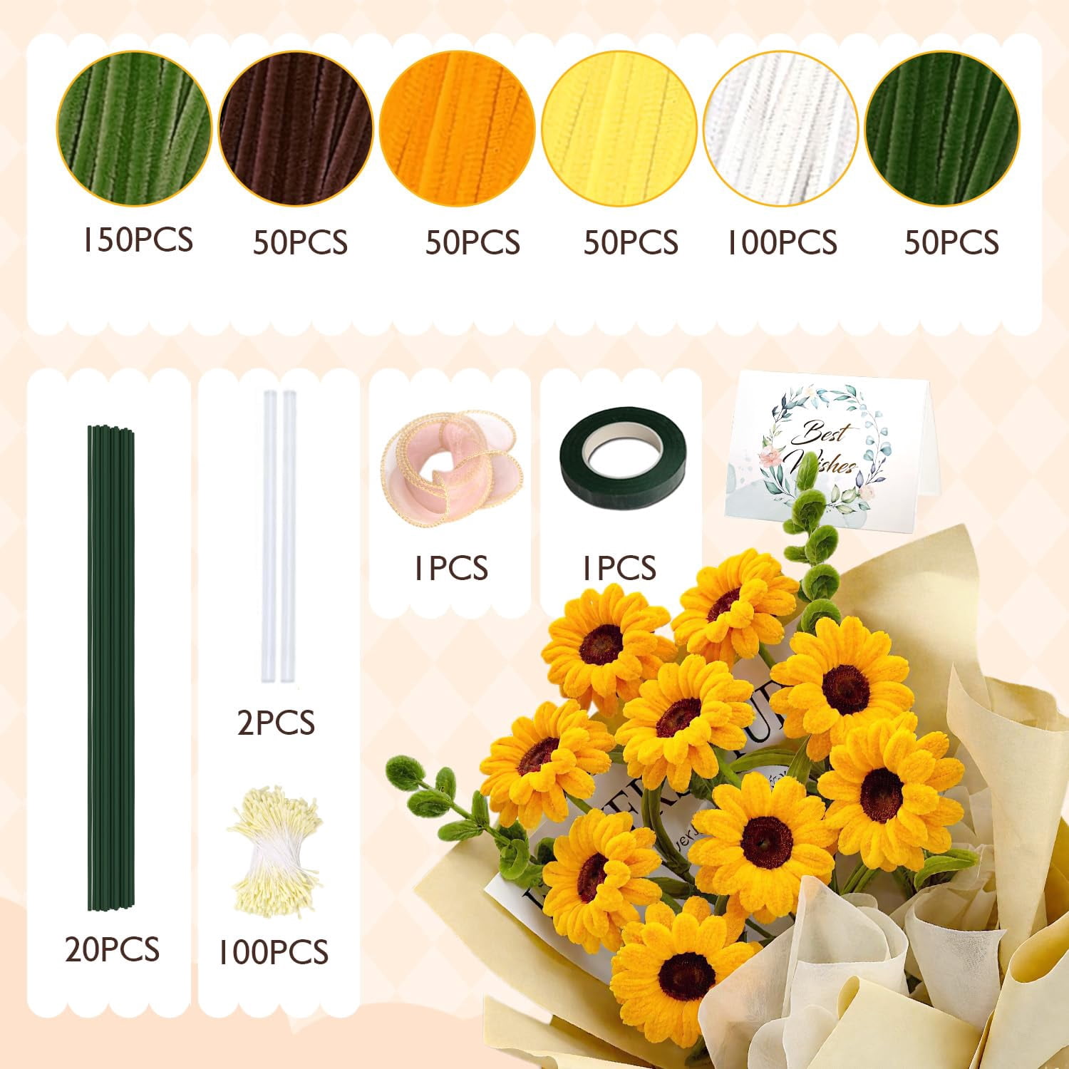 MQUPIN 450 Pcs Pipe Cleaners,12Inch 6 Colors Pipe Cleaners for Crafts DIY Flowers Kits Tulip Lily Rose Sunflower Thick Fluffy Pipe Cleaners Craft Supplies Adult Handmade Art Craft Decoration (Yellow)