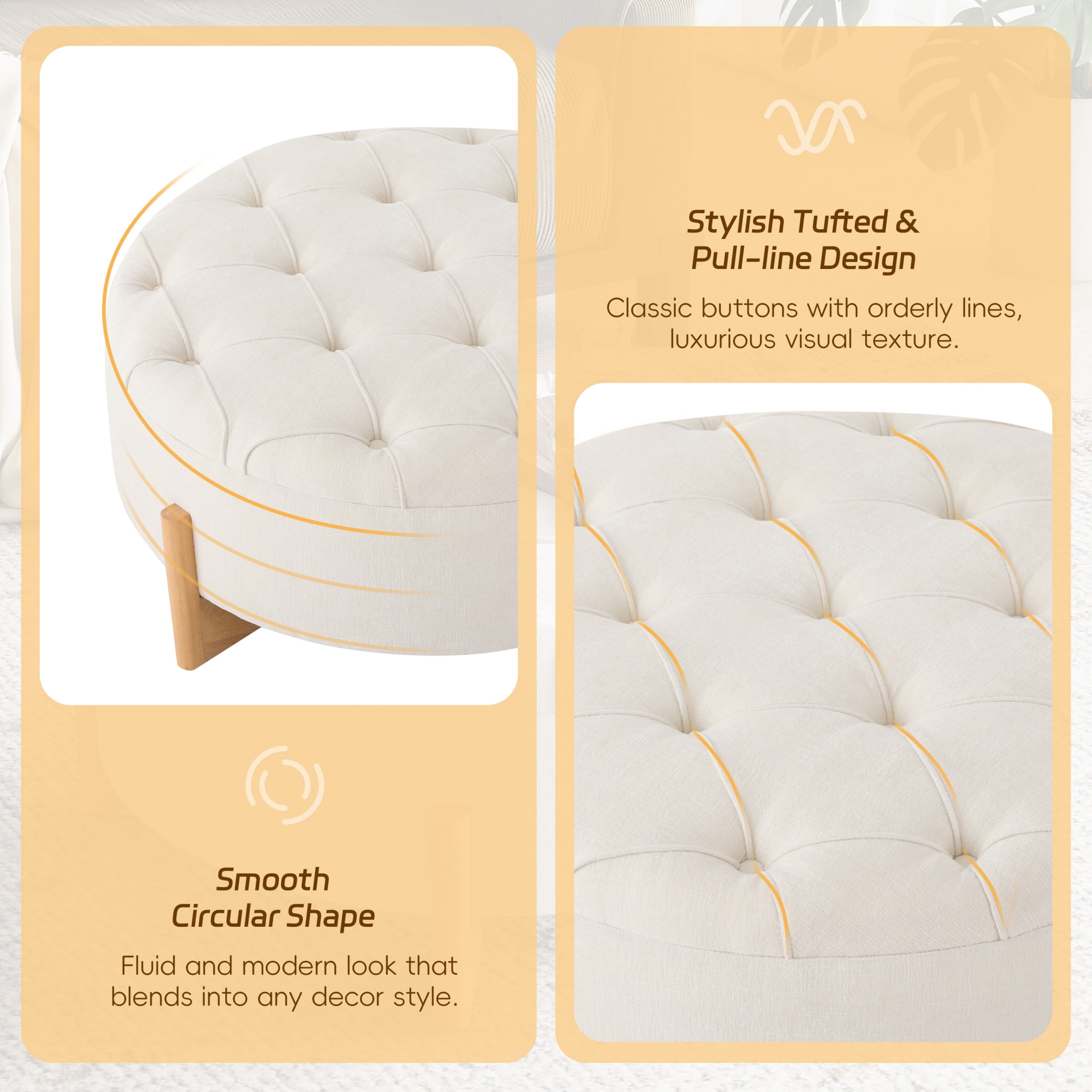 Noble House 32" Round Tufted Button Ottoman Coffee Table with Rubber Wood Legs, Chenille Upholstered Footrest, Beige