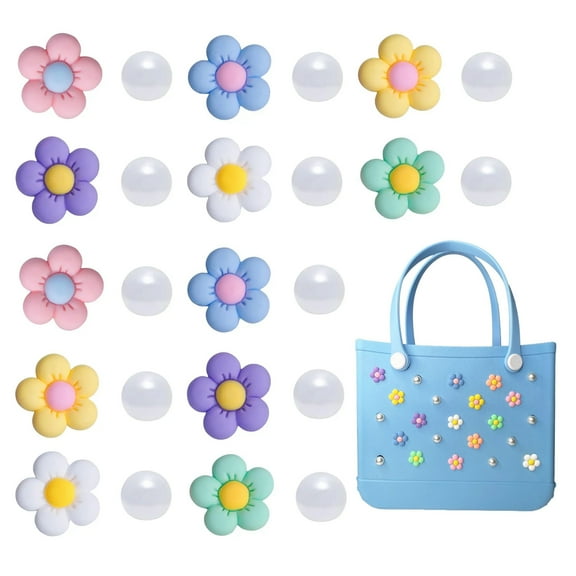 24PCS Charms for Bogg Bag, Pearls and Colorful Flowers for Bogg Bag Accessories Compatible with Women Rubber Beach Bag Tote Handbag Decoration