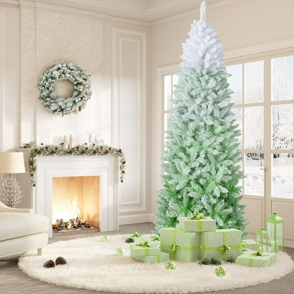 KOKEBREN 6ft Snow Flocked Pencil Christmas Tree, Slim Artificial Xmas Tree with Green Gradient & Metal Stand, Skinny Holiday Decor for Home, Office​