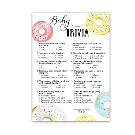 DONUT Baby Shower Game — BABY TRIVIA Games — Pack of 25 — Fun Baby Facts Games, Doughnut Theme Baby Shower, Trivia Girl or Boy Baby Shower Activity, Gender Neutral Pink Blue Shower Games G850-TRV
