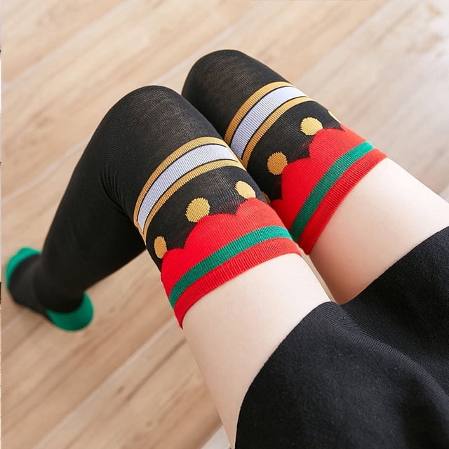 Nvzi Calcetines navideños hasta el muslo para mujer, 1 par de calcetines hasta la rodilla con regalo navideño multicolor para niñas, D