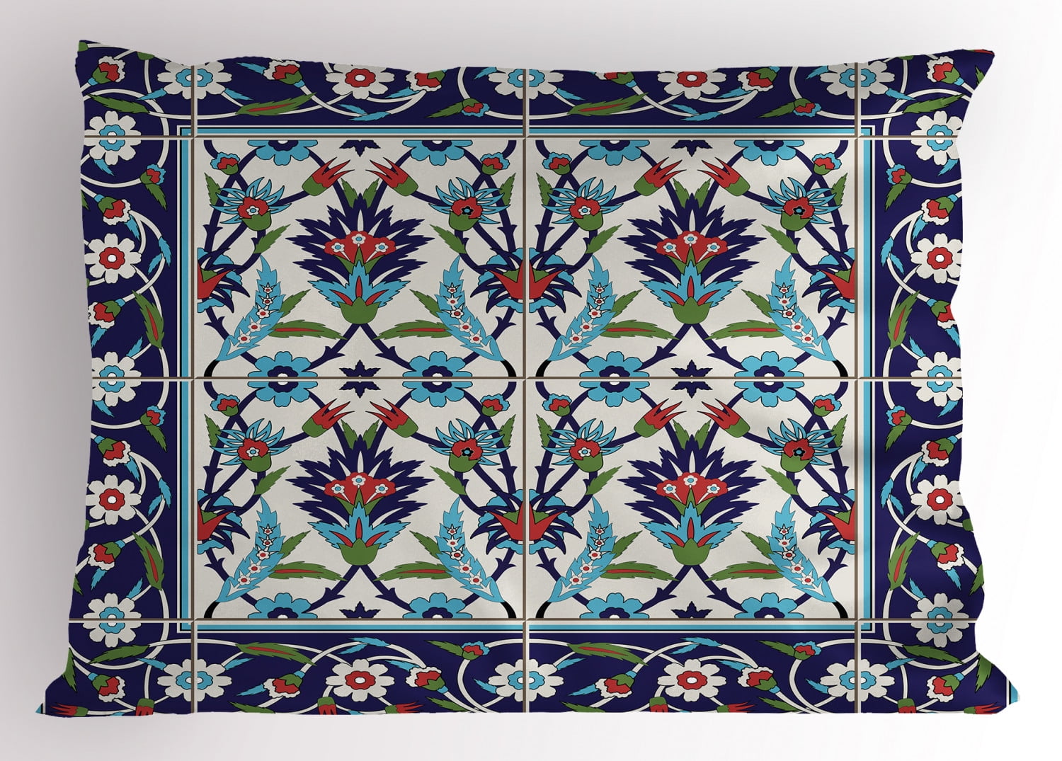 Turkish Pattern Pillow Sham Mosaic Tiles with Nature Inspired Ornaments