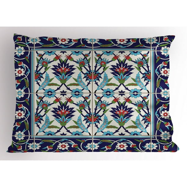 Turkish Pattern Pillow Sham Mosaic Tiles with Nature Inspired Ornaments ...