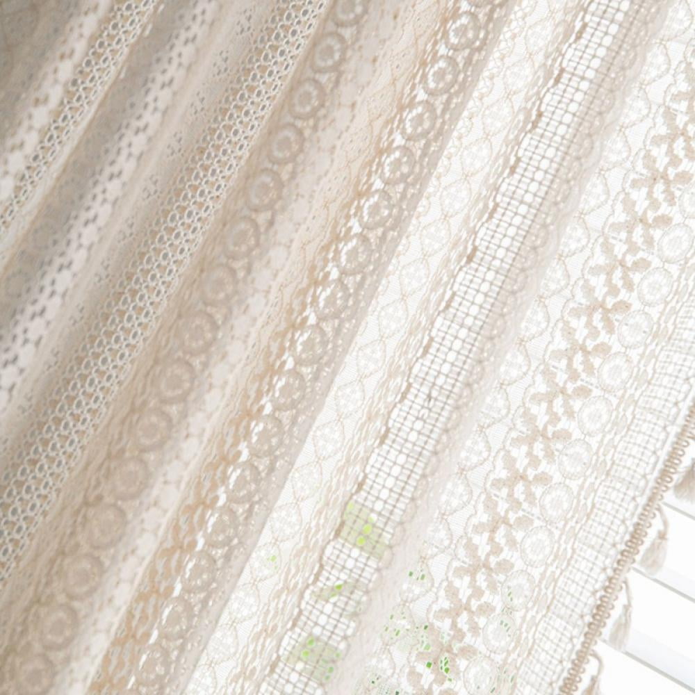 Farmhouse Crochet Curtains for Living Room,Vintage Rod Pocket Bohemian Curtains Geometry Striped Knitted Lace Light Filtering Curtains 110.24 inches Long for Bedroom Bay Kids,Beige