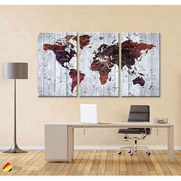 Original by BoxColors LARGE 30"x 60" 3 panels 30x20 Ea Art Canvas Print Watercolor Brown Map World Push Pin Travel cities Wall home office decor (framed 1.5" depth) M1823