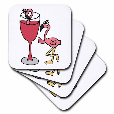 3dRose Funny Pink Flamingo next to Red Wine Glass, Soft Coasters, set of