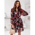 thumbnail image 1 of Vestido camisero de manga larga con estampado otoñal, escote en pico y cintura abotonada, 1 of 4