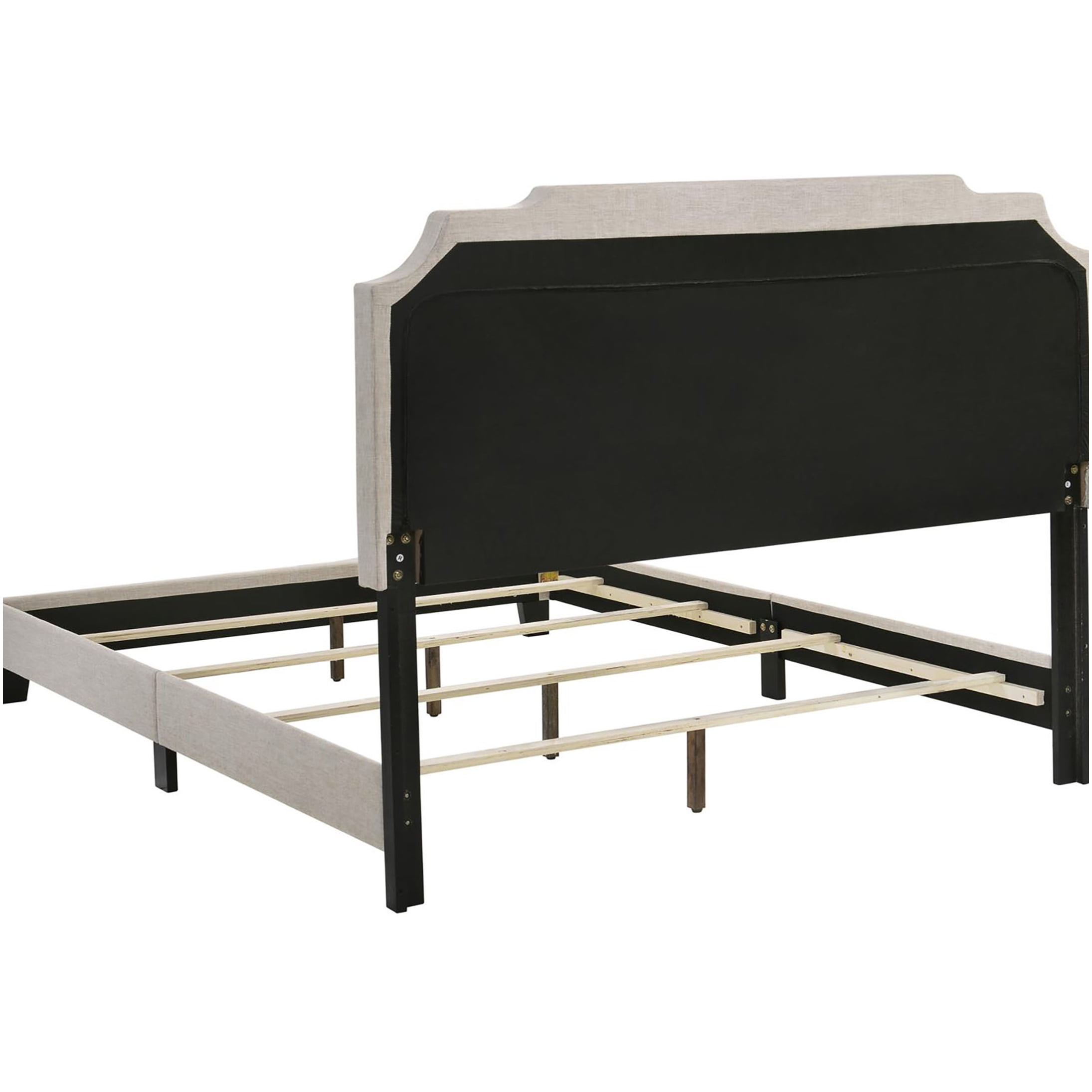 Queen Upholstered Bed Frame with Beige Fabric Headboard and Nailhead Trim for Modern Bedroom