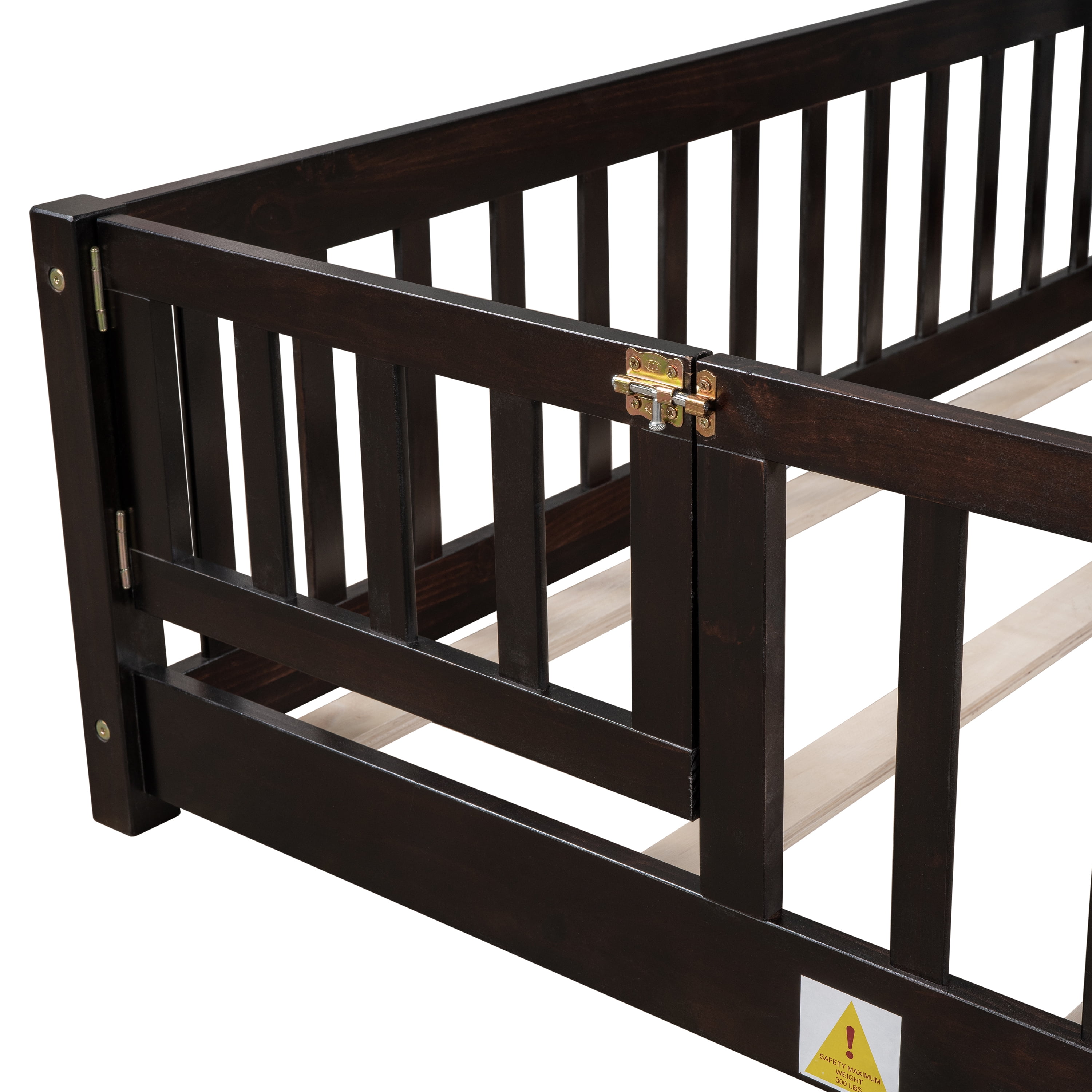 Miniyam Wood Queen Size Floor Bed with Safety Guardrails for Toddler, Espresso
