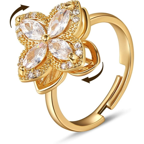 Fidget Spinner Rings Adjustable Open Four Leaf Clover Ring Gold Cubic Zirconia Ring, Rotatable Cuff Pinwheel Ring for Women, 17.3mm