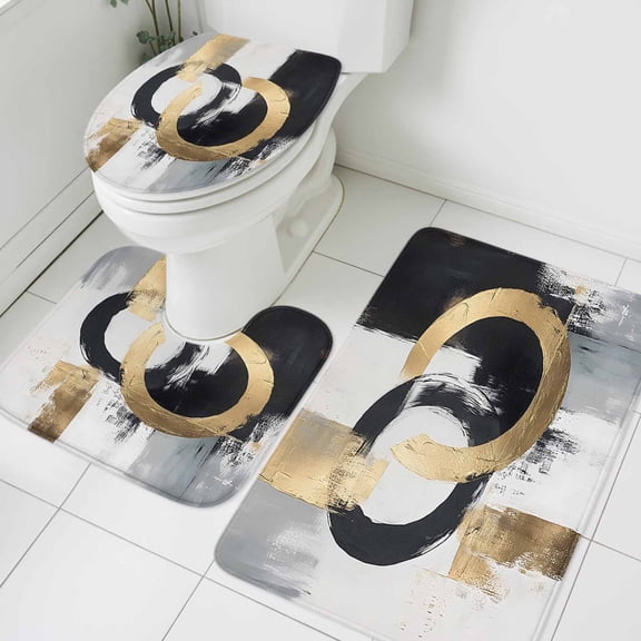 Gold Black Bathroom Rugs Set Watercolor Geometric Non Slip Absorbent Soft Bath Mats 3 Piece Set with Bathroom Rug, U-Shaped Floor Mat, Toilet Seat Cover Small Size