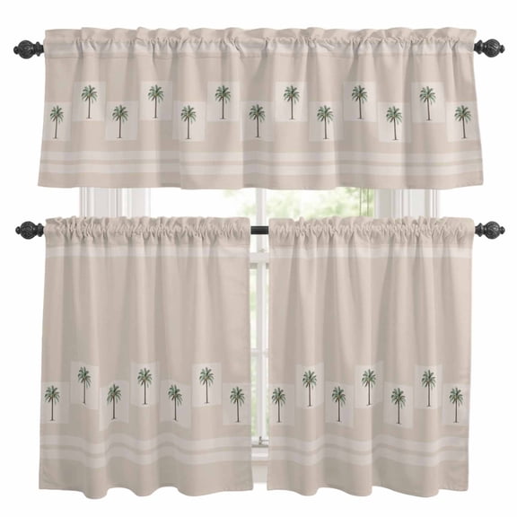 Tropical Palm Trees Kitchen Curtains Sets for Windows 36 Inch Length, Beach Coastal Plants Rod Pocket Window Treatments Tier Curtains and Valances Set for Bedroom/Bathroom