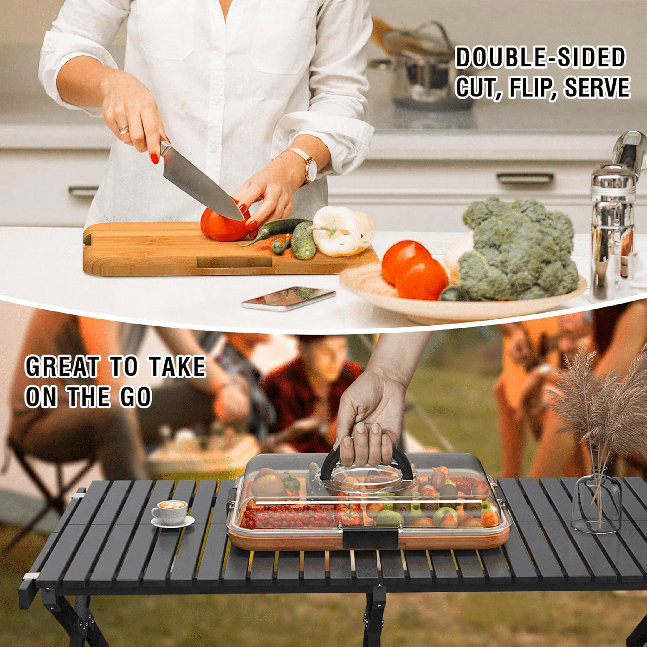 Hnrifc Charcuterie Board with Clear Lid, Travel Portable Cheese Board Charcuterie Boxes Cutting Boards for Kitchen (6 Compartments Black)