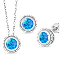 Gem Stone King 925 Sterling Silver Blue Simulated Opal Pendant Earrings Set for Women (0.90 Cttw, Gemstone October Birthstone, Round Cabochon 6MM, With 18 inch Chain)
