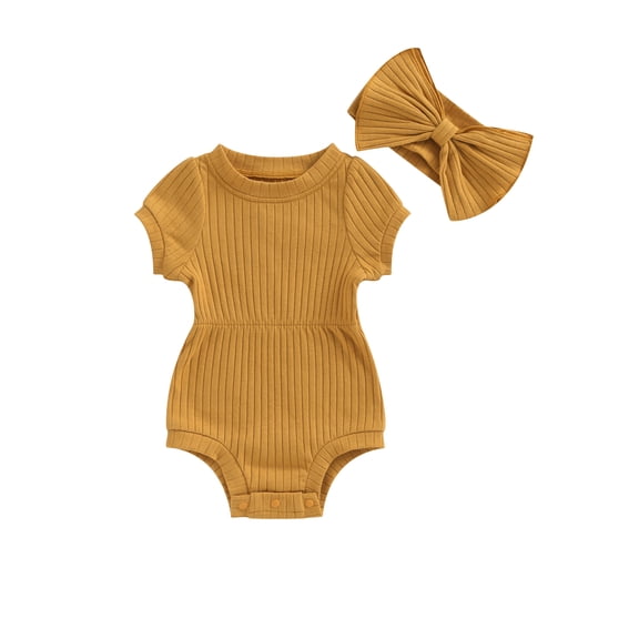 LMLYSoH Baby Girl 2 Piece Outfits Solid Color Short Sleeve Romper with Bow Headband Set Summer Clothes