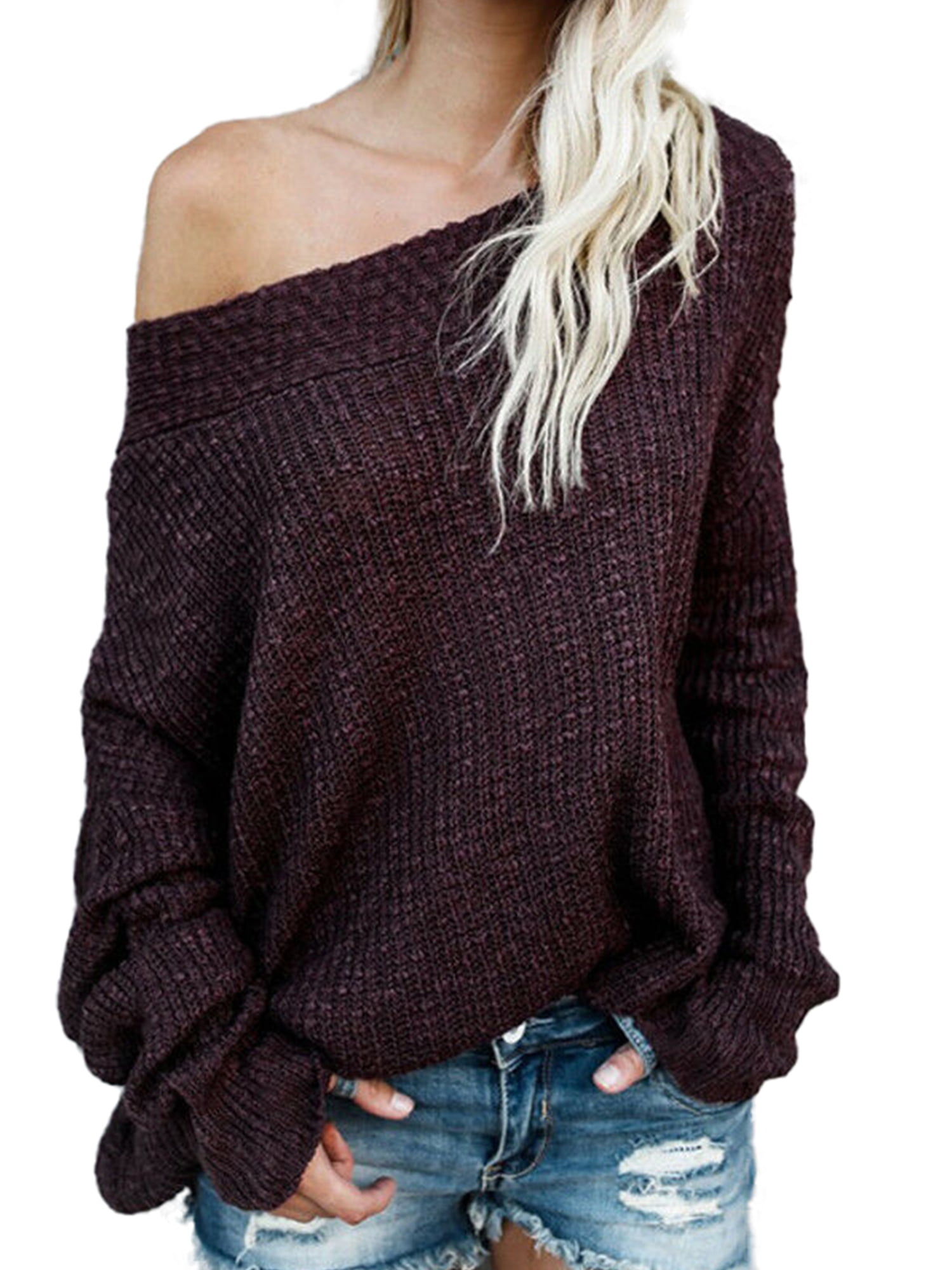 Lallc Women's Off Shoulder Plus Size Knitted Loose Sweaters Plain