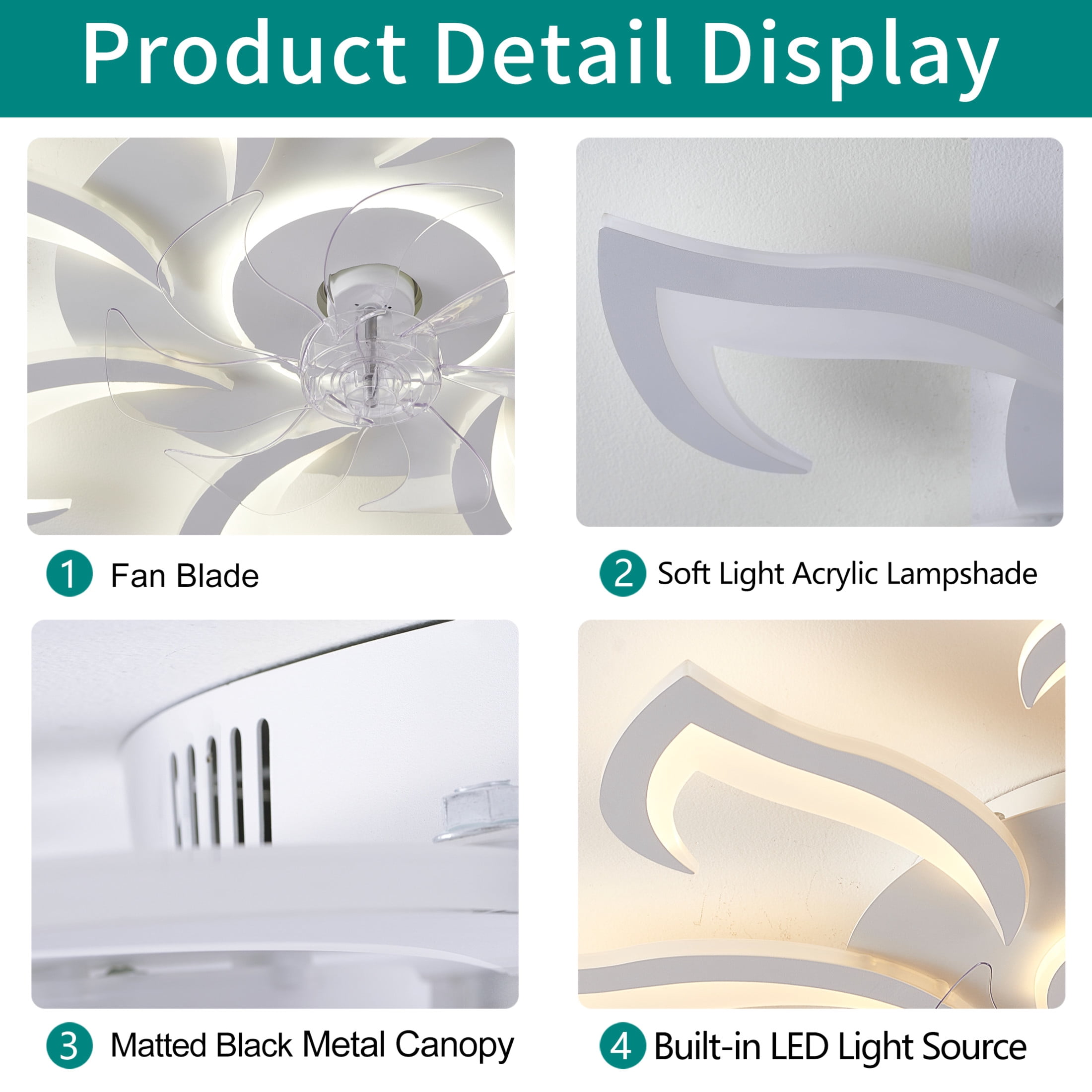 GDF Studio 10-Head Flower Modern Ceiling Fan with LED Lights & Remote Control, Low Profile Flush Mount Fandelier, White