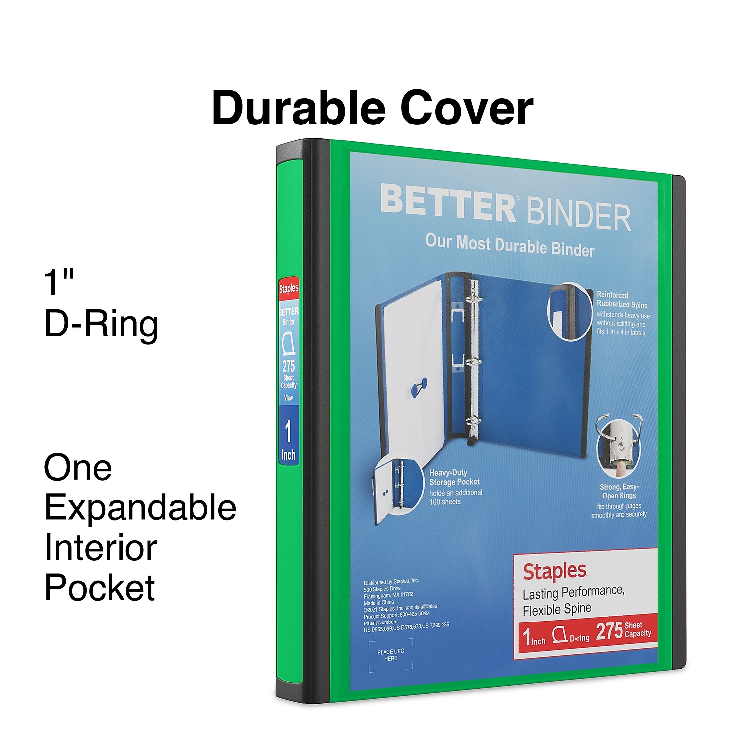 Staples Better 1" 3-Ring D-Ring Binder, Green photo 2