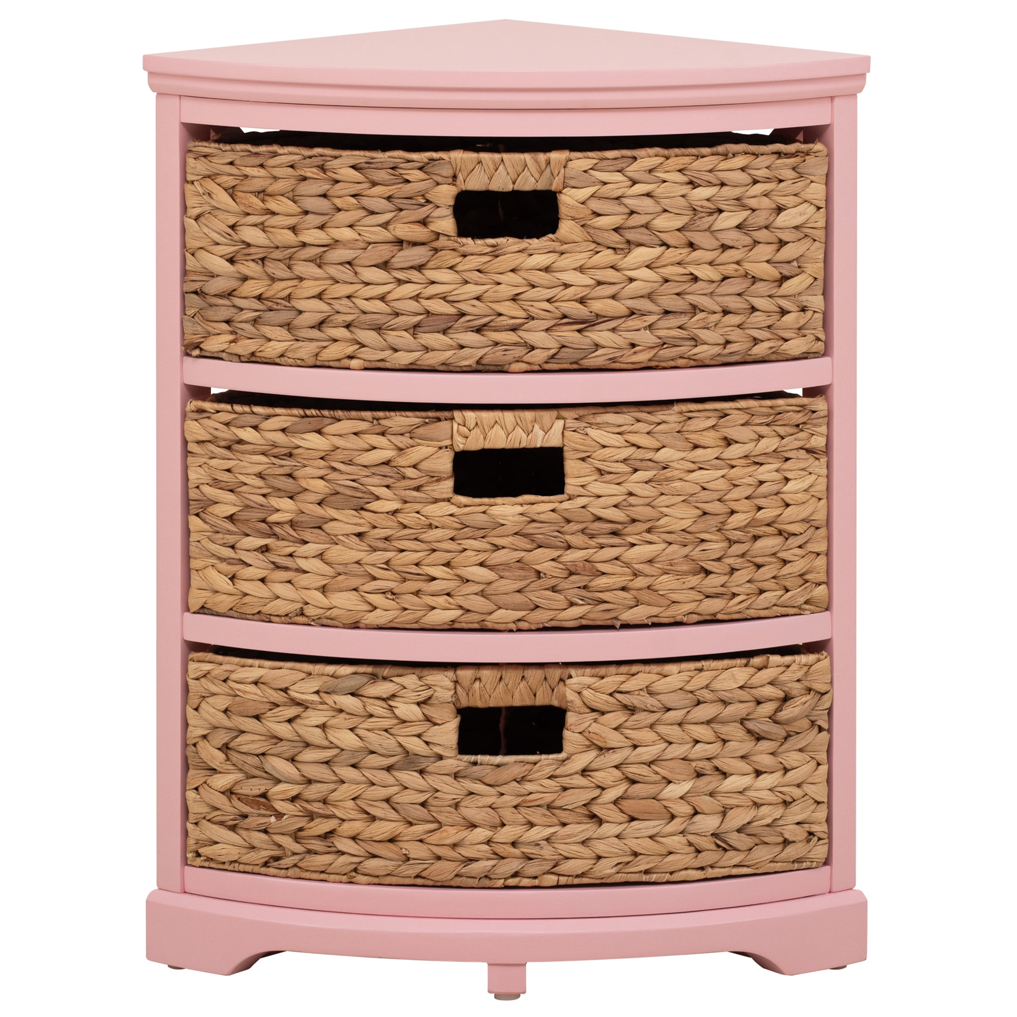 Hampton Meadows 3 Tier X-Side Corner Table Storage Cabinet with 3 Natural Water Hyacinth Wicker Baskets for Living Room, Pink