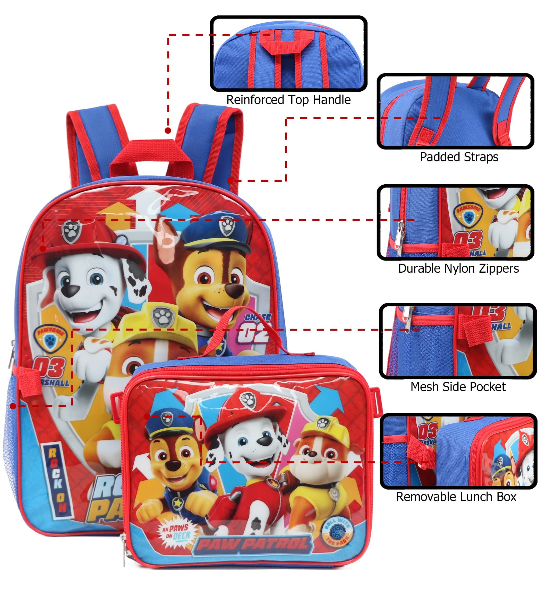 Ruz Paw Patrol Boys 16 Inch Backpack With Removable Matching Lunch Box Set Blue-Light Blue-Red