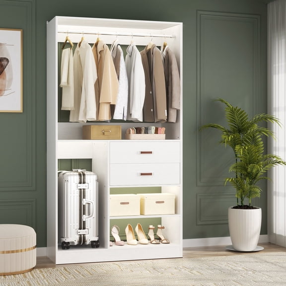 iSunirm Freestanding Closet Storage System, 39.4''W Wardrobe System with Drawers, Hanging Rods and Shelves for Closet/Bedroom, White