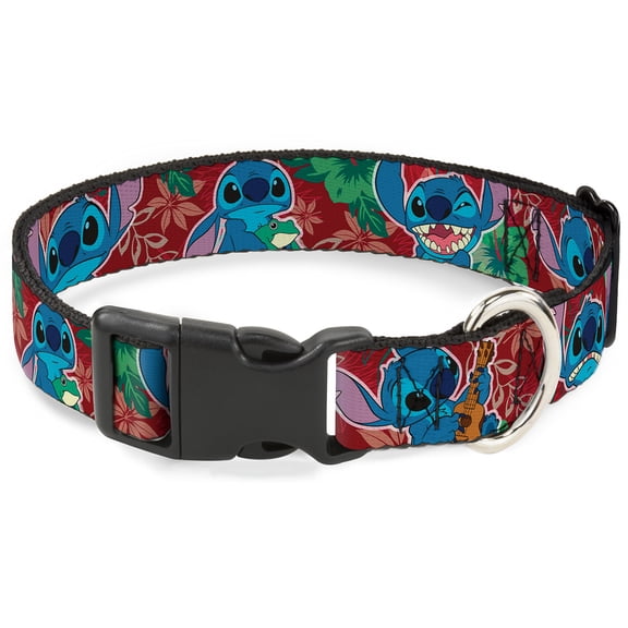 Disney Pet Collar, Dog Collar Plastic Buckle, Stitch Expressions Tropical Flora Burgundy Reds Greens, 16 to 23 Inches 1.5 Inch Wide
