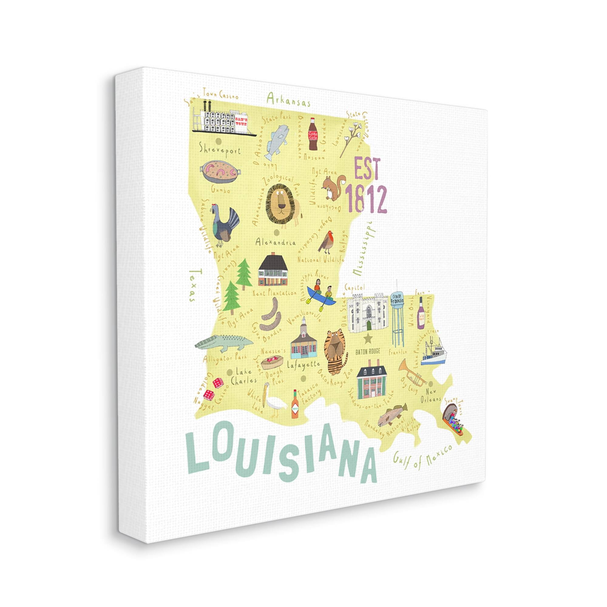 Stupell Industries Louisiana State Landmarks Map Travel & Places Painting Gallery Wrapped Canvas Print Wall Art