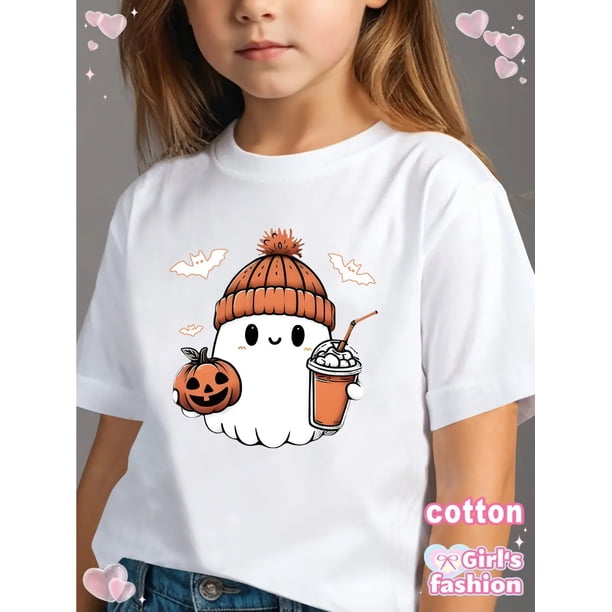 Girls' Halloween Graphic T-Shirt - Cute Cartoon Ghost with Pumpkin Hat & Coffee Design, Soft Breathable Cotton Short Sleeve Round Neck Tee for Casual Summer Wear, Halloween Clothes