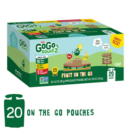 GoGo squeeZ Applesauce on the Go, Variety Pack (Apple Apple/Apple Banana/Apple Strawberry), 3.2 Ounce (20 Pouches), Gluten Free, Vegan Friendly, Healthy Snacks, Unsweetened, Recloseable BPA Free
