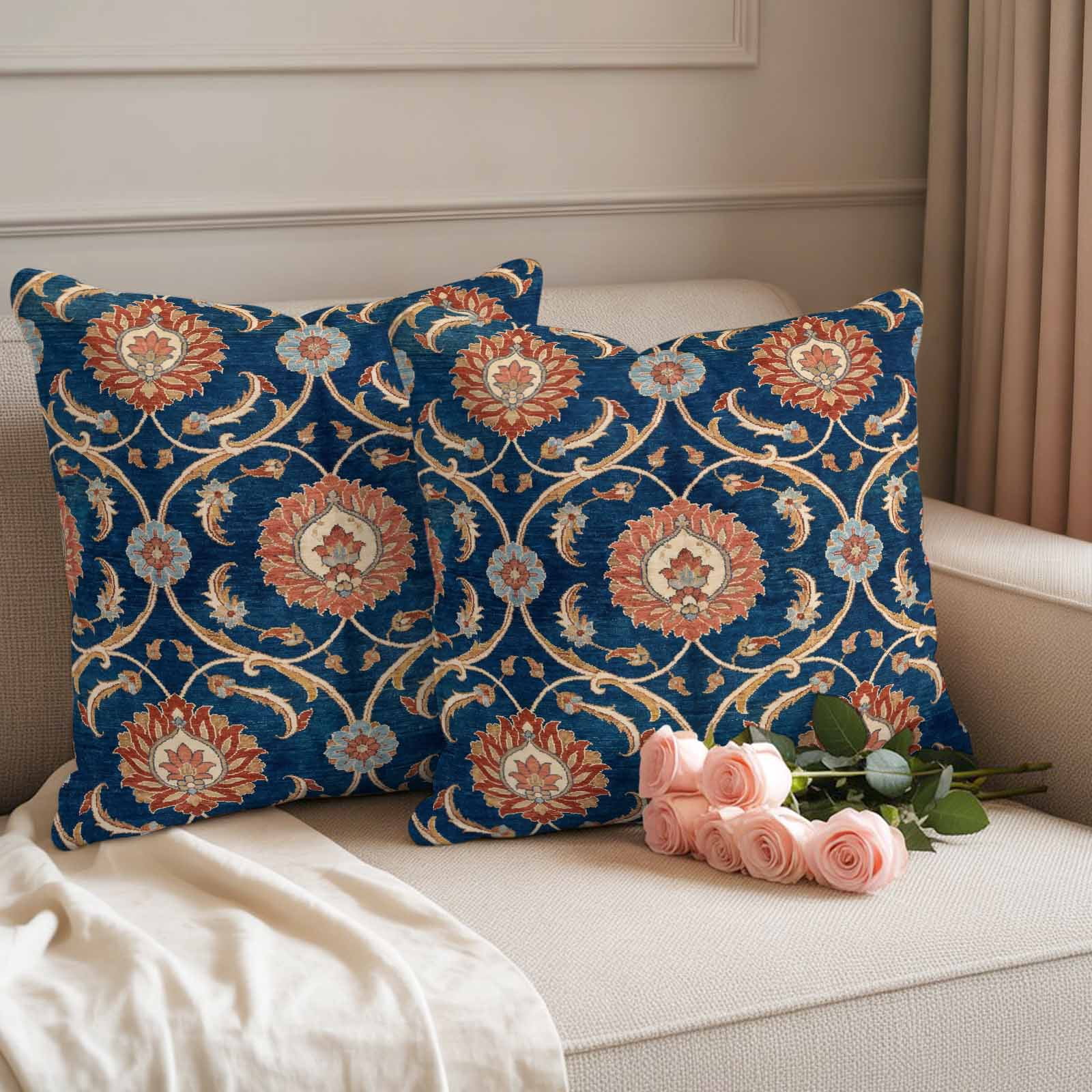 Flower Pattern Outdoor Pillow Covers Set of 2 Vintage Orange Classic Floral Country Navy Blue Waterproof Throw Pillow Cover Decorative Cushion Cases for Patio Porch Garden 20X20 Inch