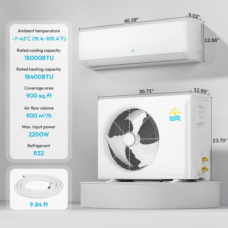Etust Air Conditioner 18000 BTU Mini Split AC/Heating System, 19 SEER2, 900 Sq.ft Coverage, 208-230V