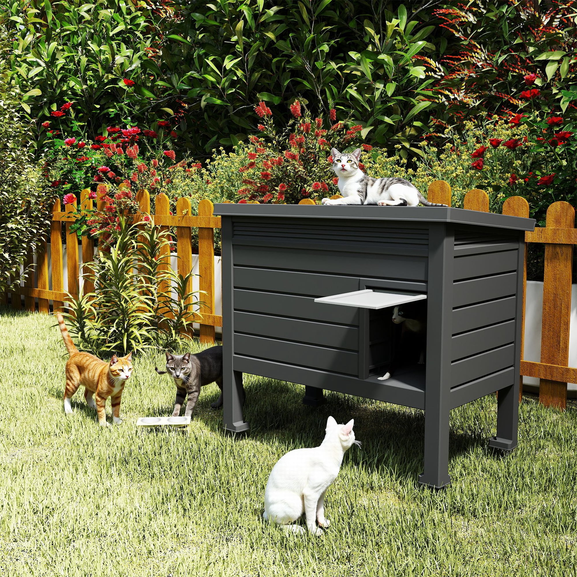 Decksplore Outdoor Cat House (31"x26.7"19"), 100% Insulated, Weatherproof HDPE Feral Cat Shelter with Raised Floor (Black)