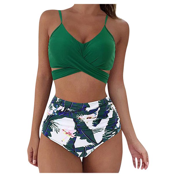 Mlqidk Swimsuits for Women Two Piece Bathing Suits Bra Top with High