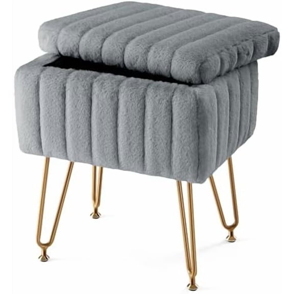 Vanity Stool Chair with Storage, 18.9”H x 16”L x 12.2”W Ottoman Chair Faux Fur Soft Padded Makeup Footstools Seat with 4 Metal Legs Anti-Slip Adjustable Feet for Make Up, Grey