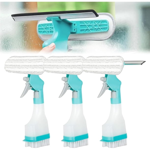 Cepillo de limpieza multifuncional 4 en 1, limpiador de ventanas de doble cara con raspador, rociador, cepillo de felpa y cepillo duro, herramienta de limpieza del hogar para espejos de ventanas, cerá