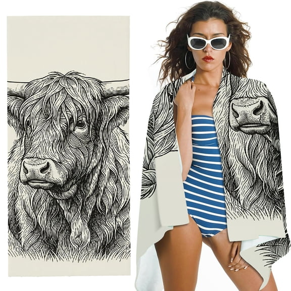 RKSupls Western Highland Cow Quick Dry Sand-Free Large Pool Beach Towel
, Ultra-Soft Microfiber for Bathroom, beach, Soft Super Absorbent- 30x60 in