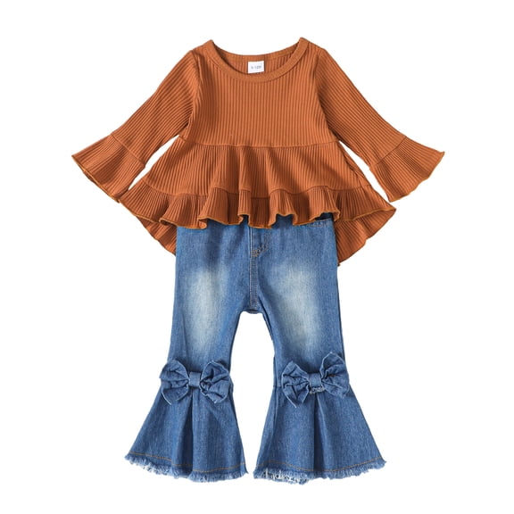 18 Months Baby Girls Clothes 24 Months Girls Denim Pant Set Outfits Set Toddler Girls Long Sleeve Irregular Solid Color Top Jeans Pants 2PCS Set Brown